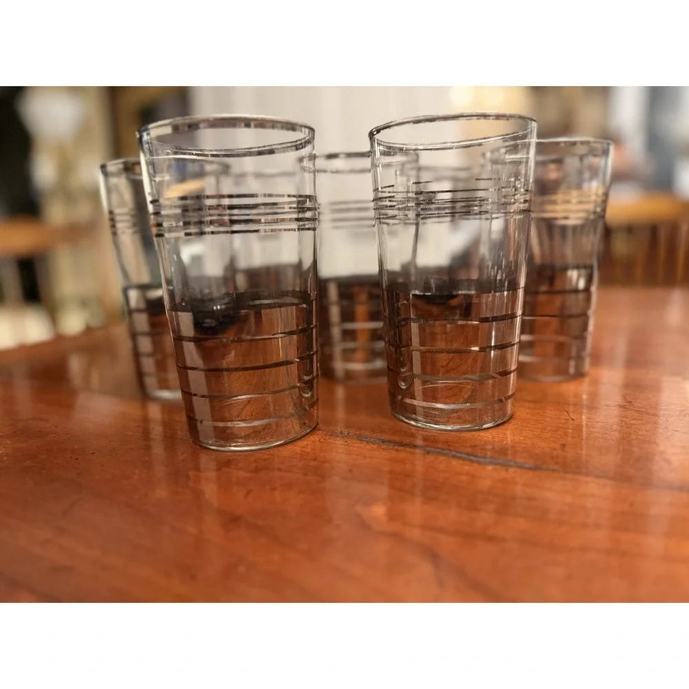 7 Vintage Mid-Century Modern Glass Silver Striped High Ball Tumblers 5 .5 X 2.5
